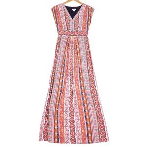 Monsoon Maxi‎ Dress 4 Bohemian Medallion Print Pink Orange Sleeveless Summer